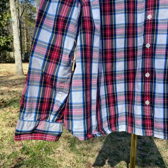 J.Crew Red White Tartan Christmas Plaid Button Front Blouse - Picture 5 of 7